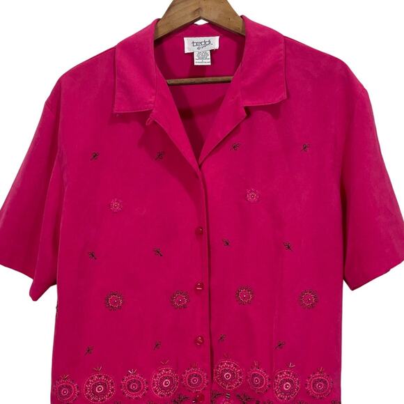 Vintage 90s Teddi Pink Embroidered Button-Up Collared Short Sleeve Top Cottage - Picture 8 of 8